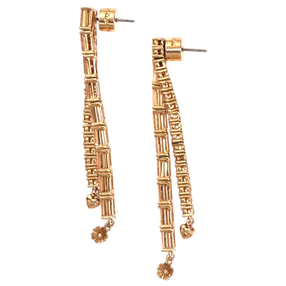Coach Pavé Tea Rose Heart Linear Earrings Gold Crystal Drop Charms - Picture 2 of 3